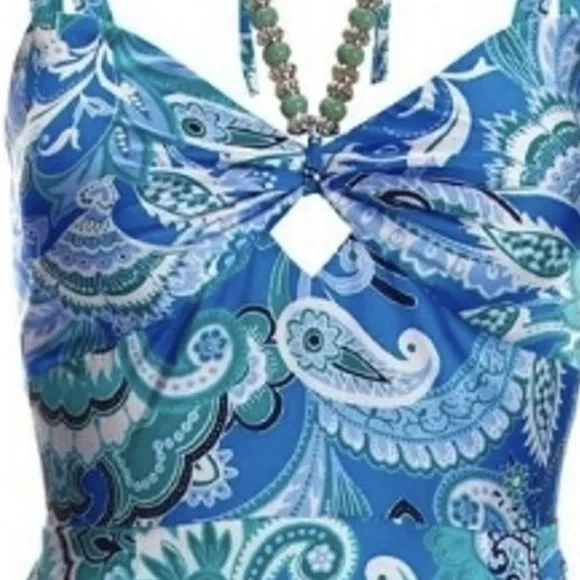 Boston Proper Stamped Floral Blues Print Necklace Detail  Maxi Dress, Size 10 - Picture 5 of 11